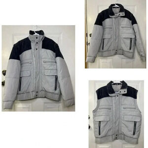 TRADER BAY VINTAGE 2-in-one Men Winter Puffer Jacket Vest Corduroy Gray Navy XL